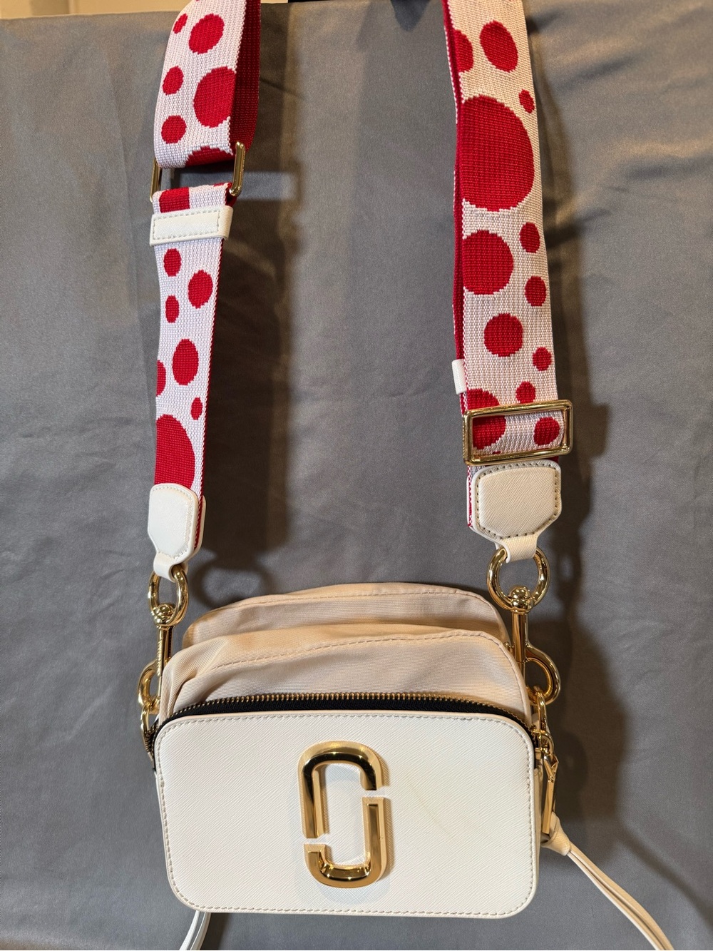 Marc Jacobs Cream Snapshot Crossbody with Red Polka Dot Strap